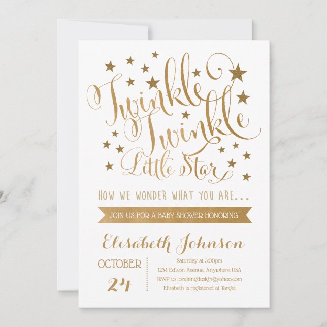 Invitation Gold Twinkle Twinkle Little Star Baby shower (Devant)