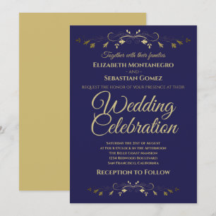 Invitation Gold Vintage fleurir sur bleu marine Simple Mariag
