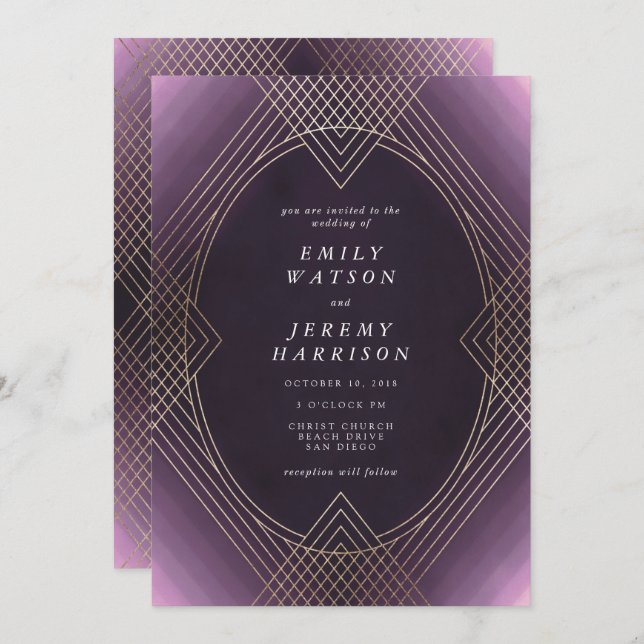 Invitation Gold violet ovale Géométrique Mariage Gatsby (Devant / Derrière)