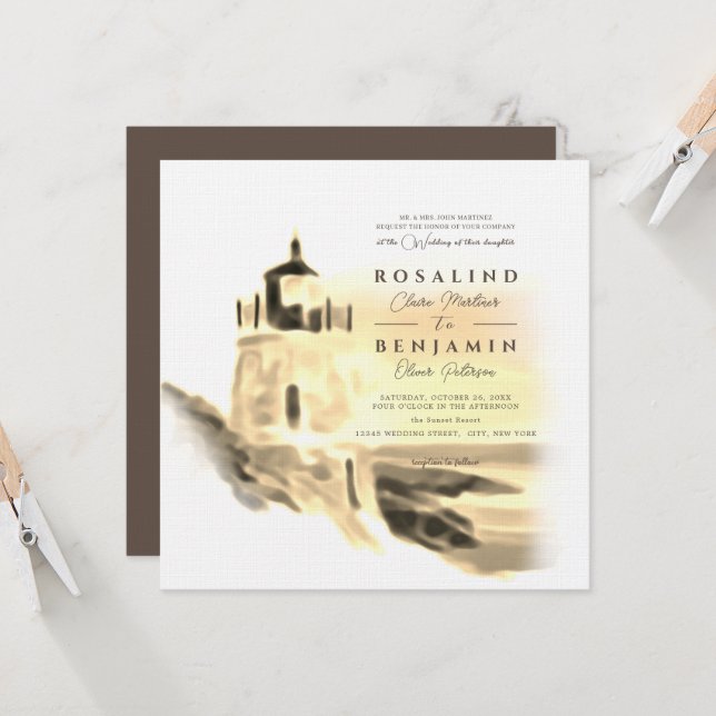 Invitation Gold Watercolor Beach Lighthouse Mariage paysage (Devant/Arrière en situation)