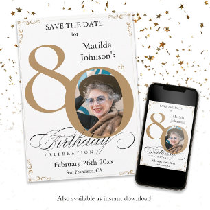 Invitation Gold White 80e anniversaire Enregistrer la date