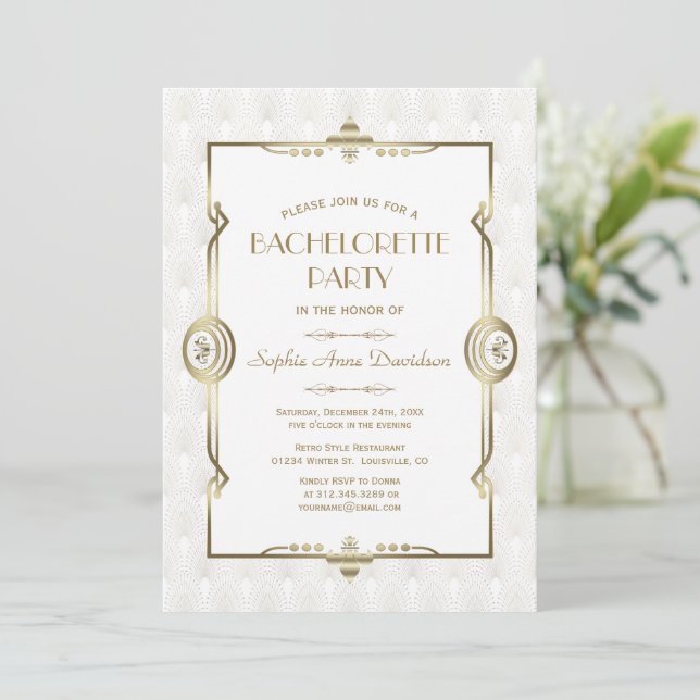 Invitation Gold White Art Déco 1920 Bachelorette Party (Debout devant)