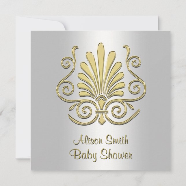 Invitation Gold White Art Deco Damask Baby shower 2 (Devant)