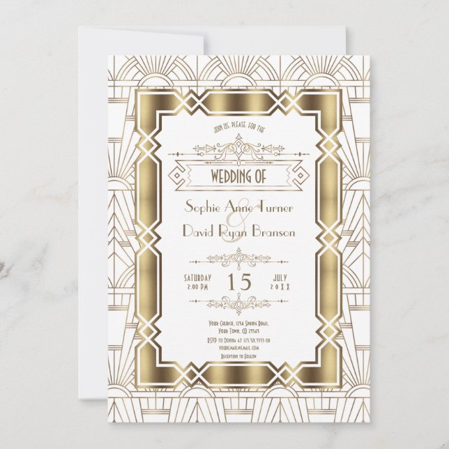 Invitation Gold White Art Déco Gatsby 20s Style Mariage (Devant)