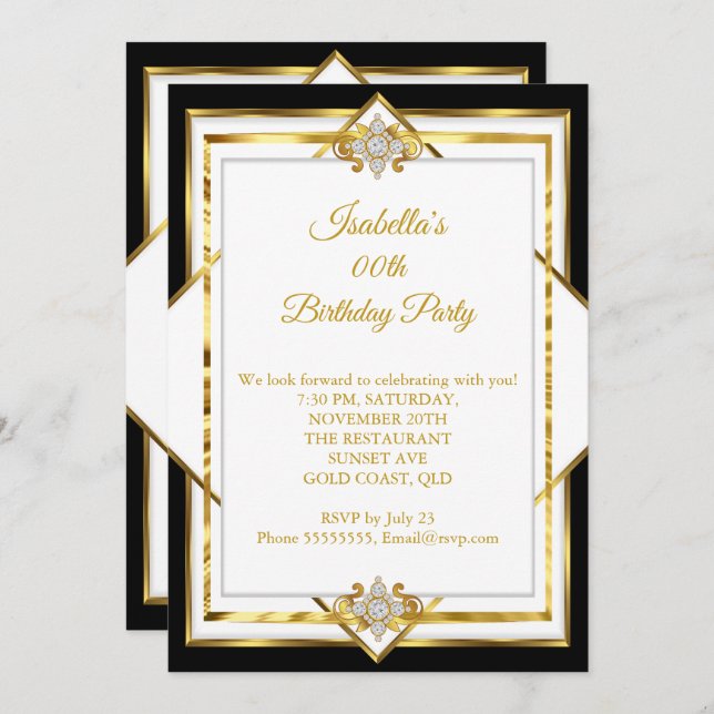 Invitation Gold White Black Diamond fête d'anniversaire (Devant / Derrière)