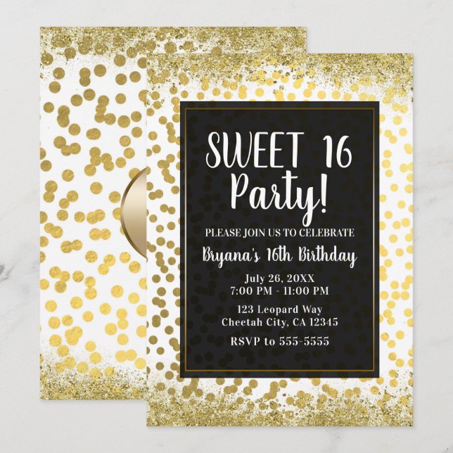 Invitation Gold White & Black Foil Confetti Modern Party (Devant / Derrière)