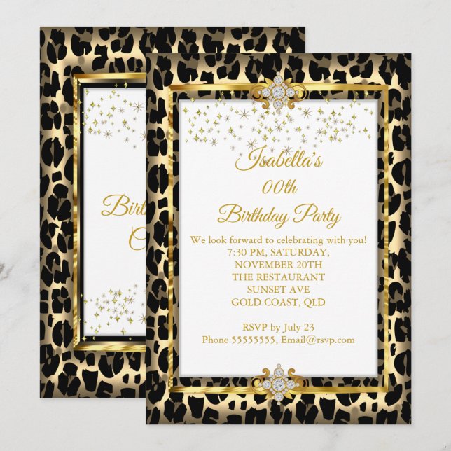 Invitation Gold White Black Poster de animal fête d'anniversa (Devant / Derrière)