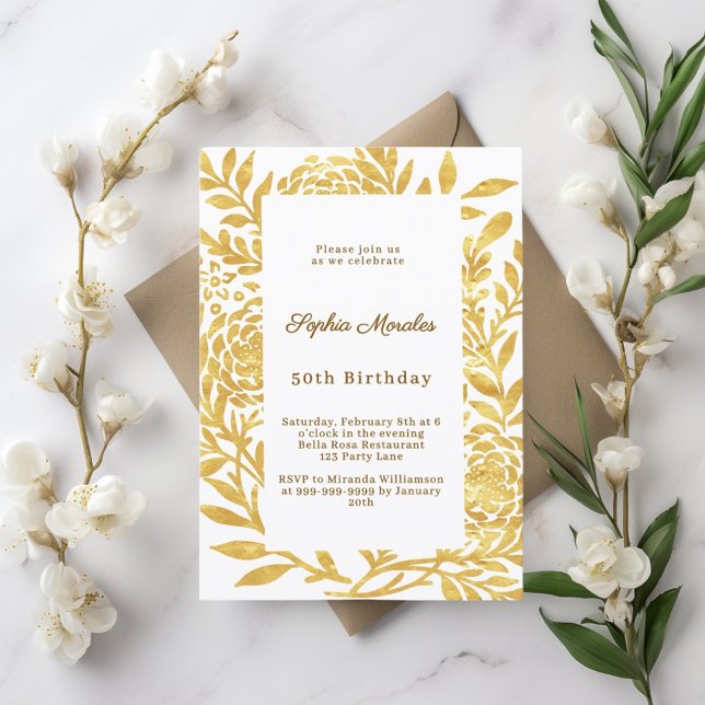 Invitation Gold white botanical birthday (Créateur téléchargé)
