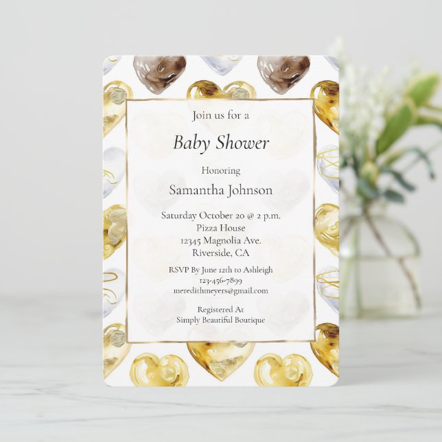 Invitation Gold White Chocolate Hearts Baby Shower (Debout devant)