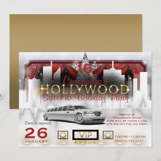 Invitation Gold White City Lights Limo Hollywood Party (Devant / Derrière)