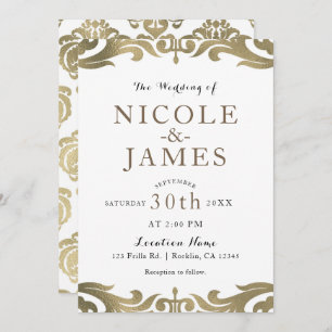 Invitation Gold & White Damask Chic Elegant Minimal Mariage