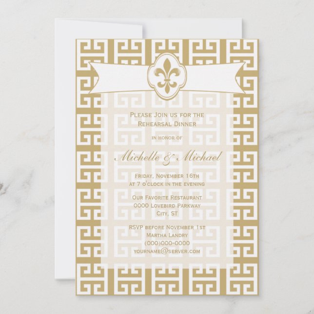 Invitation Gold White Fleur de Lis Greek Key Mariage Event (Devant)