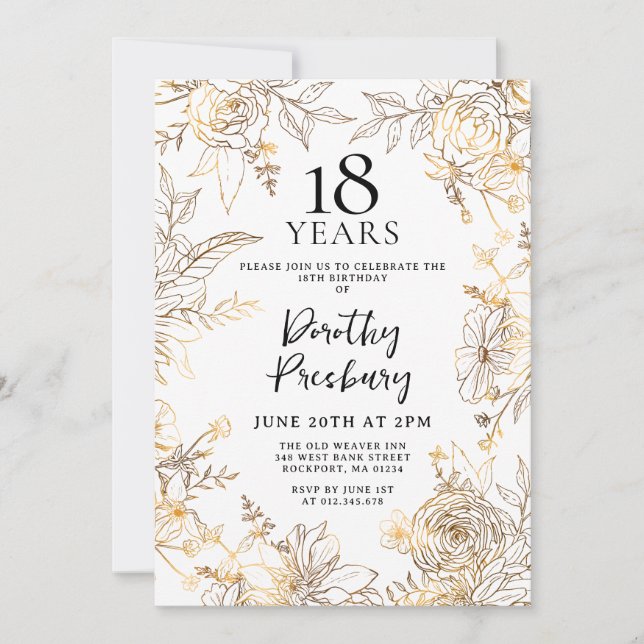 Invitation Gold White Floral 18e anniversaire de fête Invitat (Devant)