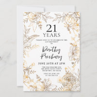 Gold White Floral 21e anniversaire de fête Invitat