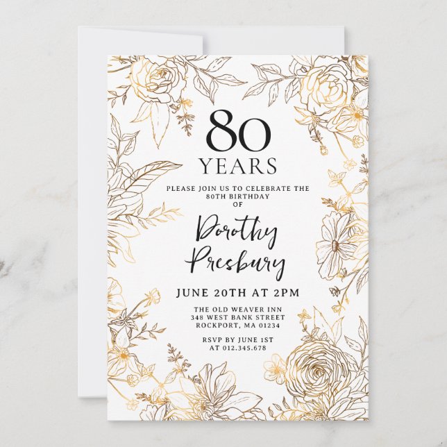 Invitation Gold White Floral 80e fête d'anniversaire (Devant)