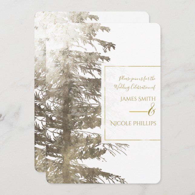 Invitation Gold & White Glam Pine Tree Rustic Forest Mariage (Devant / Derrière)