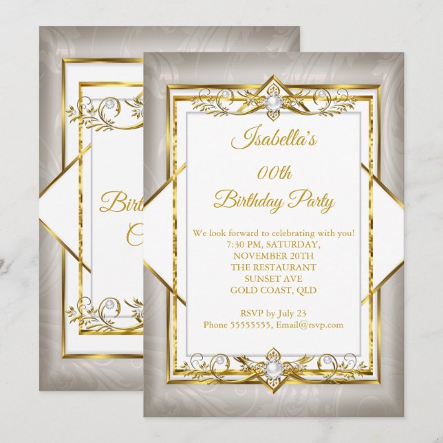 Invitation Gold White Pearl beige beige fête d'anniversaire (Devant / Derrière)