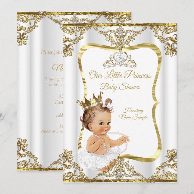 Invitation Gold White Pearl Princess Baby shower Brunette (Devant / Derrière)