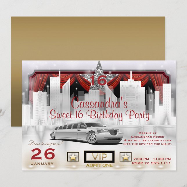 Invitation Gold White & Red City Lights Limo fête d'anniversa (Devant / Derrière)