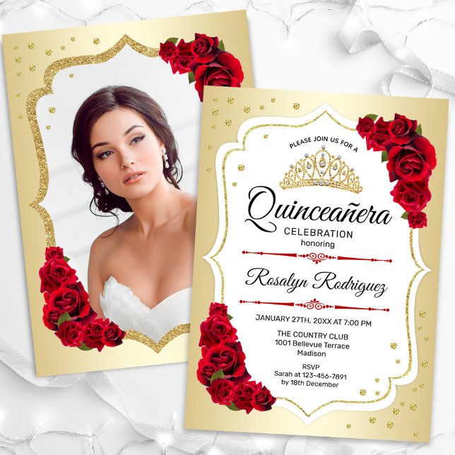 Invitation Gold White Red Photo Quinceanera (Créateur téléchargé)