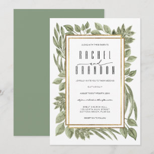 Invitation Gold White Sage Vert verdure Mariage Aquarelle