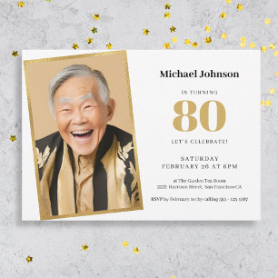Invitation Gold White Simple Photo personnalisée 80e annivers