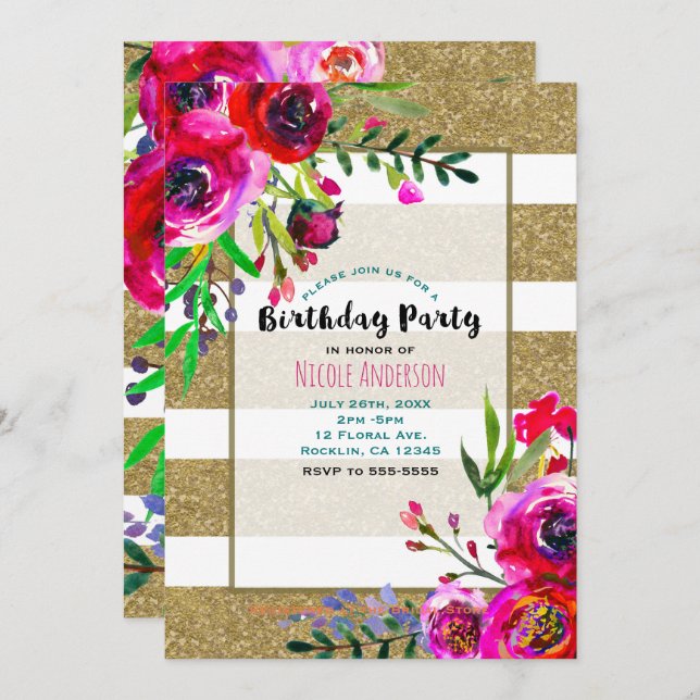 Invitation Gold & White Stripes Bold Floral fête d'anniversai (Devant / Derrière)