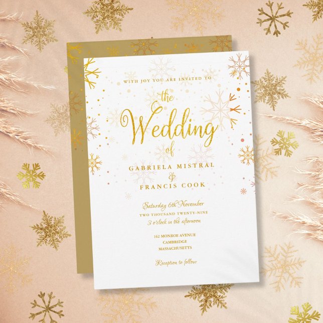 Invitation Gold Winter Snowflakes Élégant Mariage Script (Gold Winter Snowflakes Elegant Script Wedding Invitation)