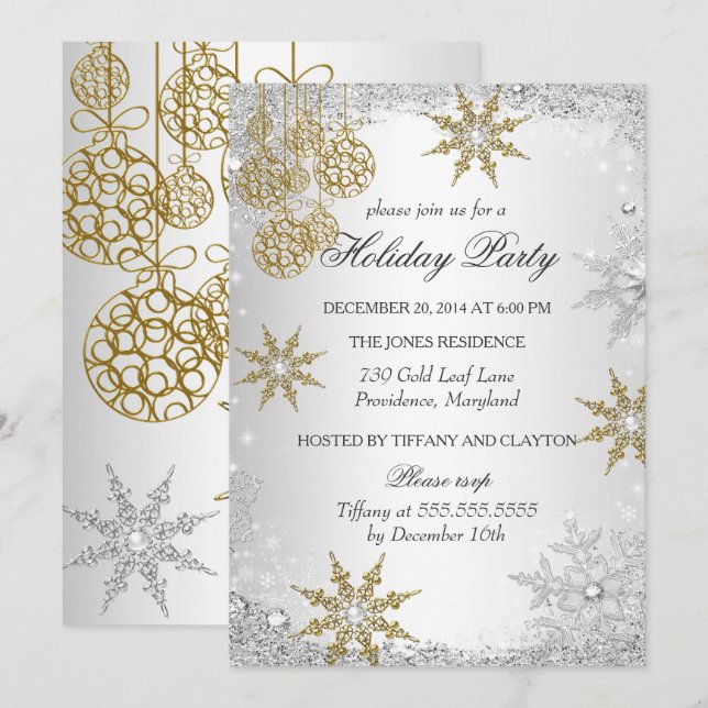 Invitation Gold Winter Wonderland Noël Fête 5 (Devant / Derrière)