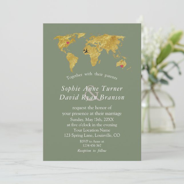 Invitation Gold World Map Destination Sage Green Wedding (Debout devant)
