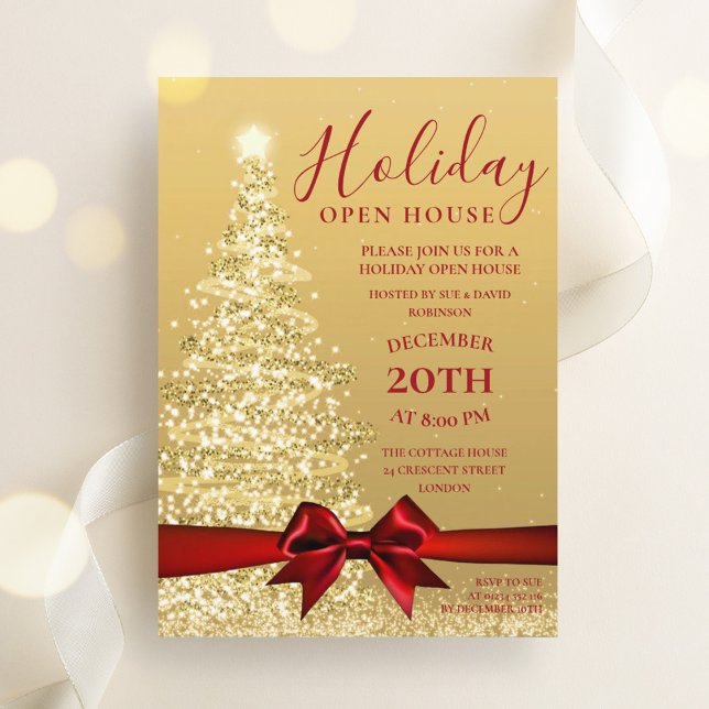 Invitation Gold Xmas Noël (Gold Xmas Tree Christmas Holiday Open House Invitation)