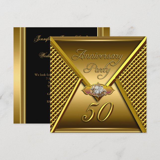 Invitation Golden 50th Anniversary Elégant mariage Or (Devant / Derrière)