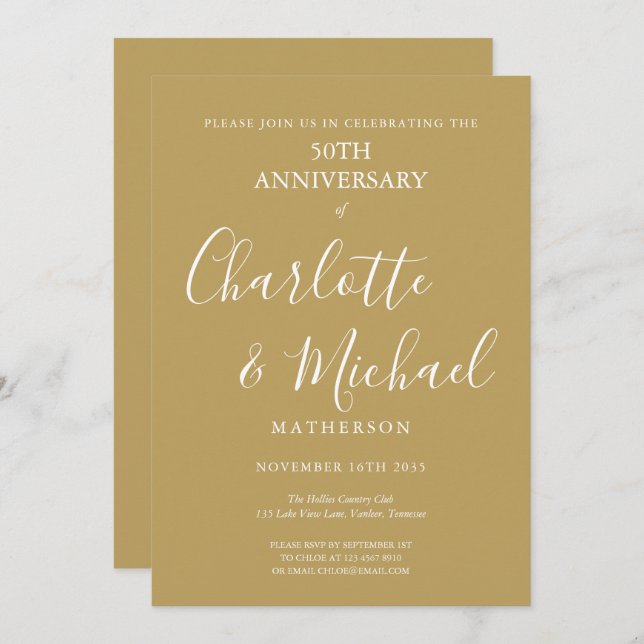 Invitation Golden 50th Mariage Anniversaire Script moderne (Devant / Derrière)