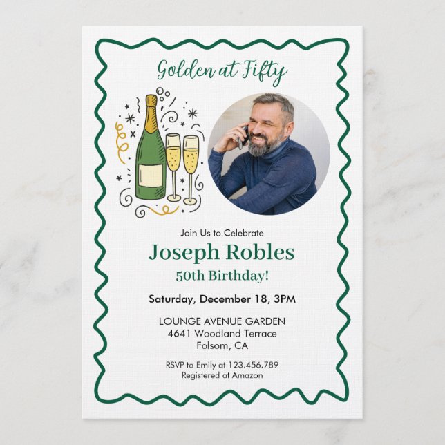 Invitation Golden at Fifty Party Photo 50th Birthday Green (Devant)