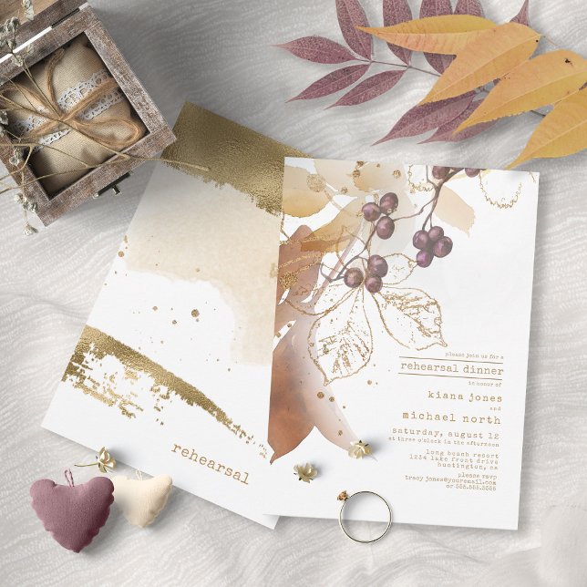 Invitation Golden Autumn Berry Dîner de répétition Mariage ID (Front/Back In Situ)