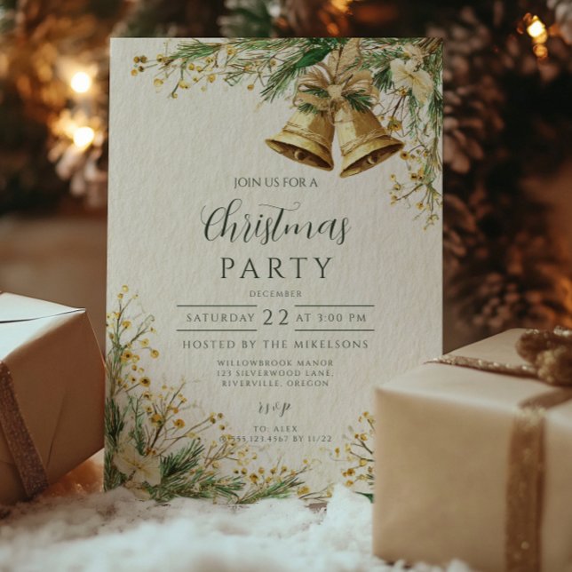Invitation Golden Bells Fête de Noël rustique (Créateur téléchargé)