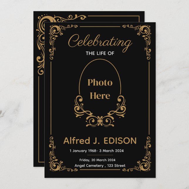 Invitation Golden Black Funeral Program, Funeral Memorial (Devant / Derrière)