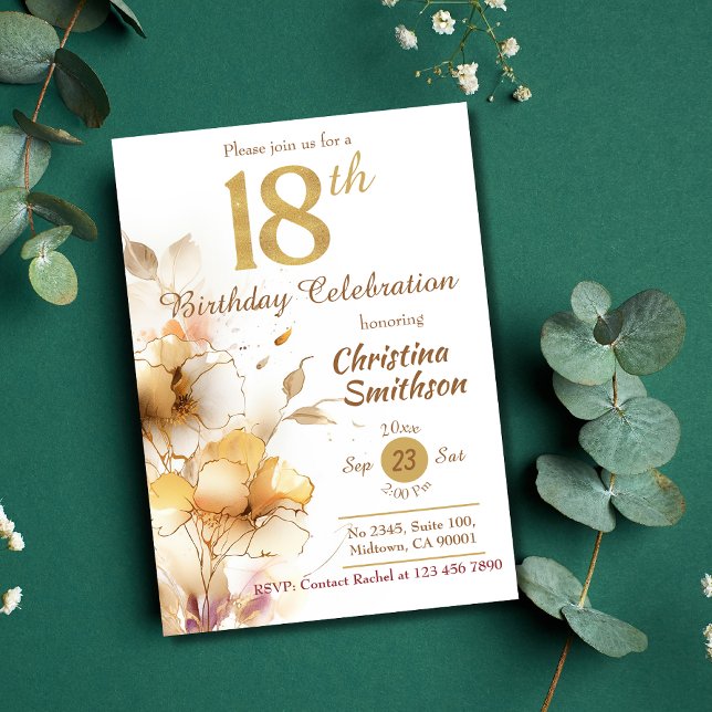 Invitation Golden Bloom - floral élégant moderne 18e annivers (Créateur téléchargé)