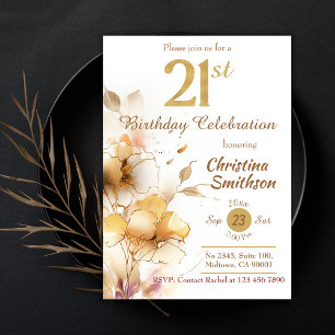 Invitation Golden Bloom - floral élégant moderne 21e annivers