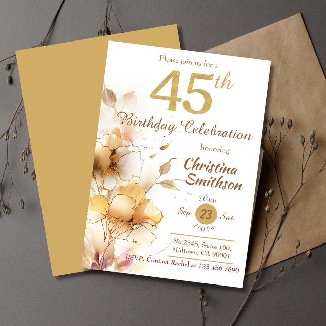 Invitation Golden Bloom - floral élégant moderne 45e annivers (Créateur téléchargé)