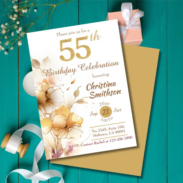 Invitation Golden Bloom - floral élégant moderne 55e annivers (Créateur téléchargé)