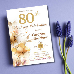Invitation Golden Bloom - floral élégant moderne 80e annivers