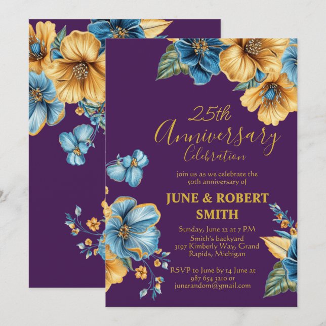 Invitation Golden Blue floral 25e anniversaire mariage (Devant / Derrière)