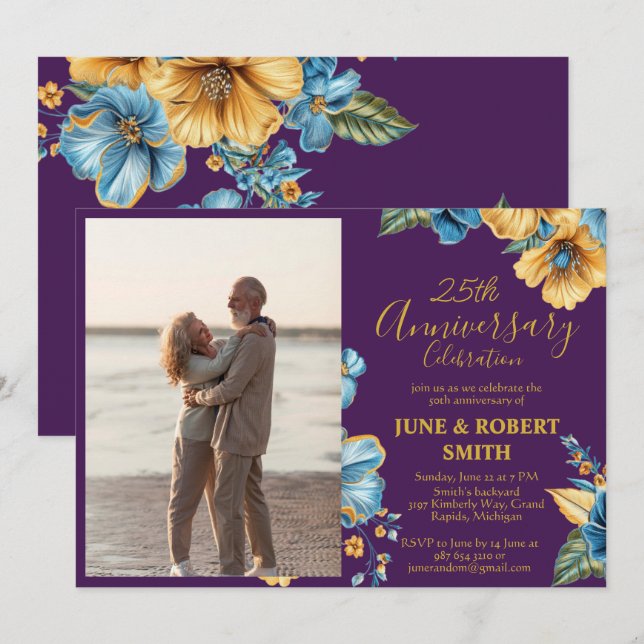 Invitation Golden Blue floral 25e anniversaire mariage (Devant / Derrière)