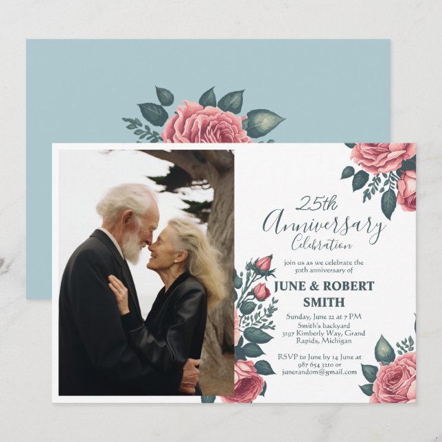 Invitation Golden Blue floral 25e anniversaire mariage (Devant / Derrière)