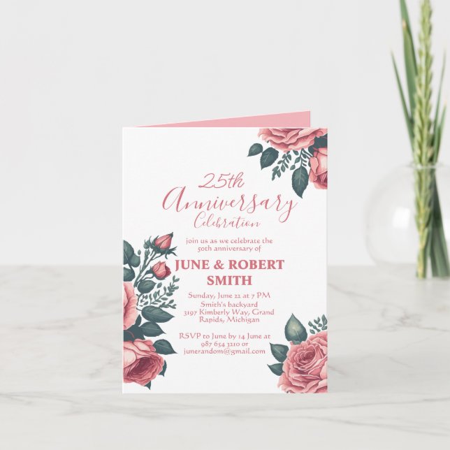 Invitation Golden Blue floral 25e anniversaire mariage (Devant)