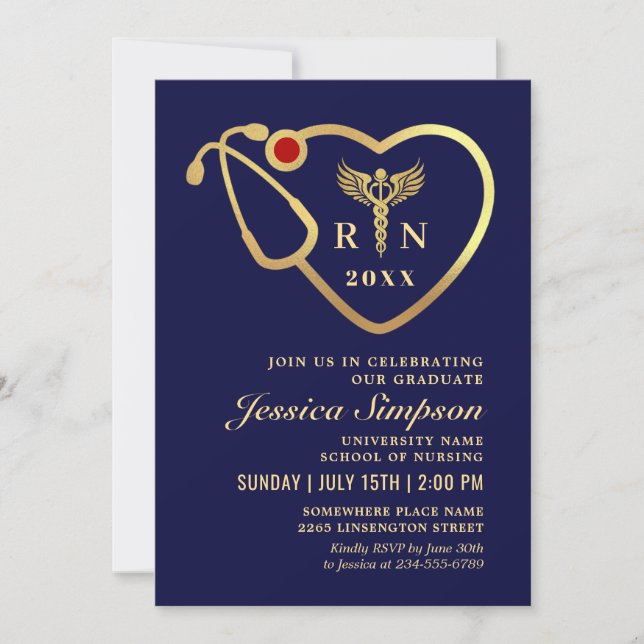 Invitation Golden Blue Modern Nursing School Graduation Party (Devant)