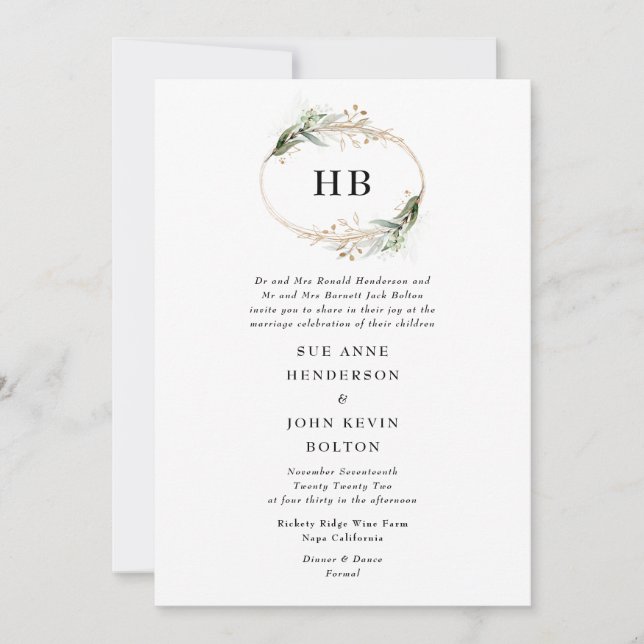 Invitation Golden Botanique Eucalyptus Wreath Monogramme Vert (Devant)