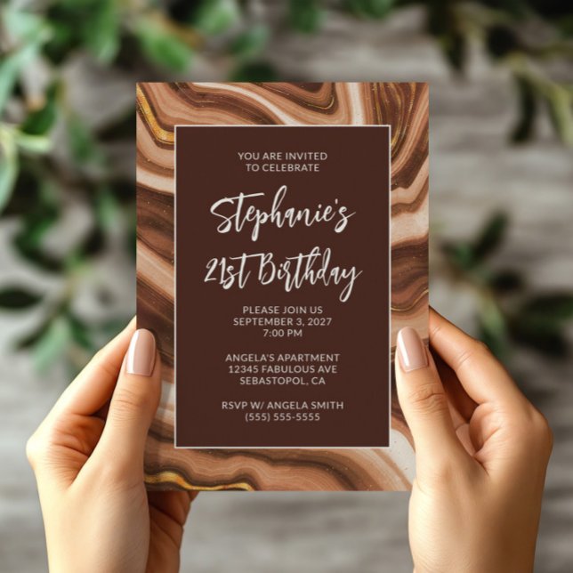 Invitation Golden Brown Faux Agate Bold 21e anniversaire (Golden Brown Faux Agate Bold 21st Birthday Invitation)