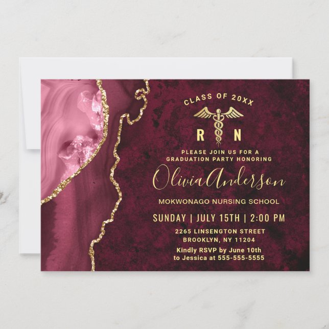 Invitation Golden Burgundy RN Nursing School Graduation Party (Devant)